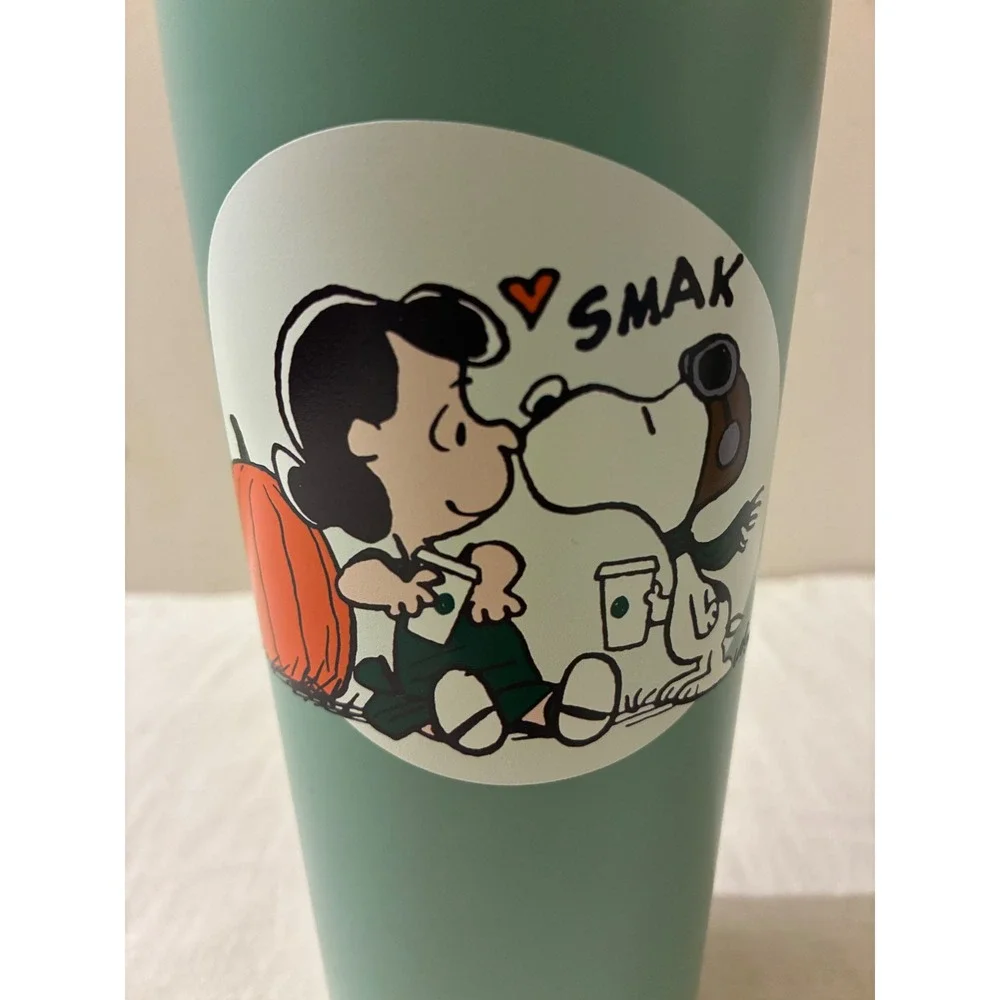 Starbucks Peanuts Snoopy Lucy Cold Cup Tumbler 24oz Sage Green Stainless Steel
